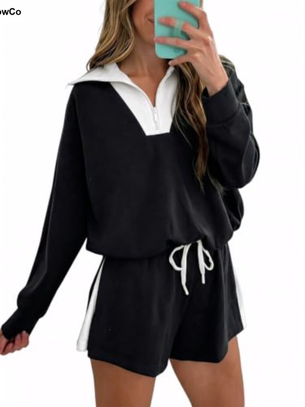 Fisoew Women's 2 Piece Quarter Zip Sweatshirt and Shorts Set Activewear